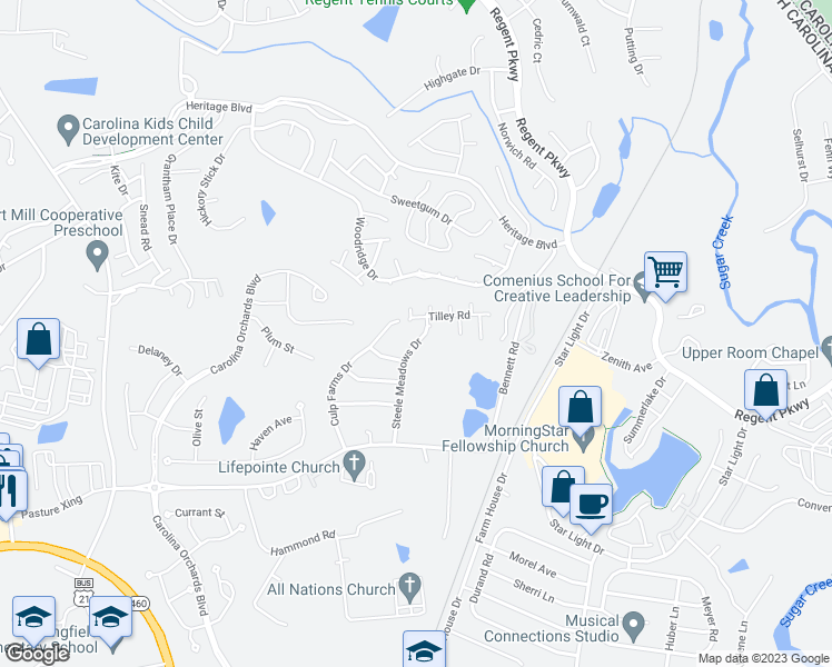 map of restaurants, bars, coffee shops, grocery stores, and more near 1171 Steele Meadows Drive in Fort Mill