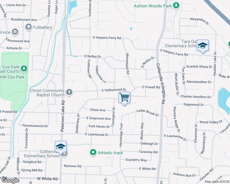map of restaurants, bars, coffee shops, grocery stores, and more near 237 East Valleywood Drive in Collierville
