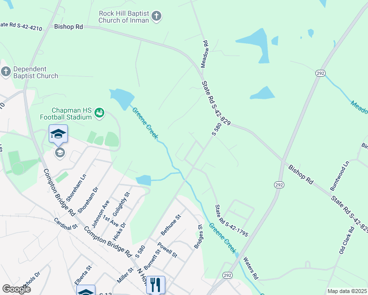 map of restaurants, bars, coffee shops, grocery stores, and more near 141 State Road S-42-2819 in Inman