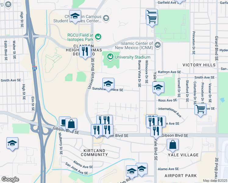 map of restaurants, bars, coffee shops, grocery stores, and more near 1700 Sunshine Terrace Southeast in Albuquerque