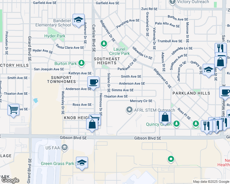 map of restaurants, bars, coffee shops, grocery stores, and more near 3805 Simms Avenue Southeast in Albuquerque