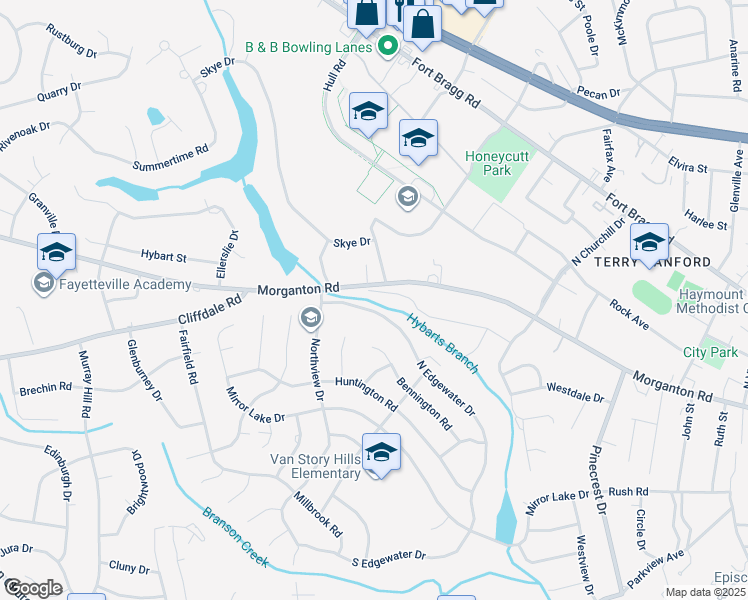 map of restaurants, bars, coffee shops, grocery stores, and more near 2661 Morganton Road in Fayetteville