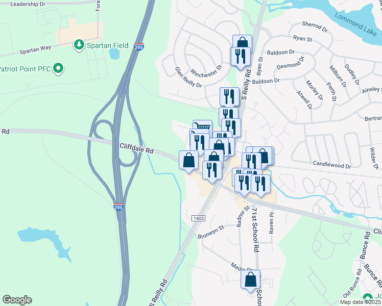 map of restaurants, bars, coffee shops, grocery stores, and more near 690 South Reilly Road in Fayetteville