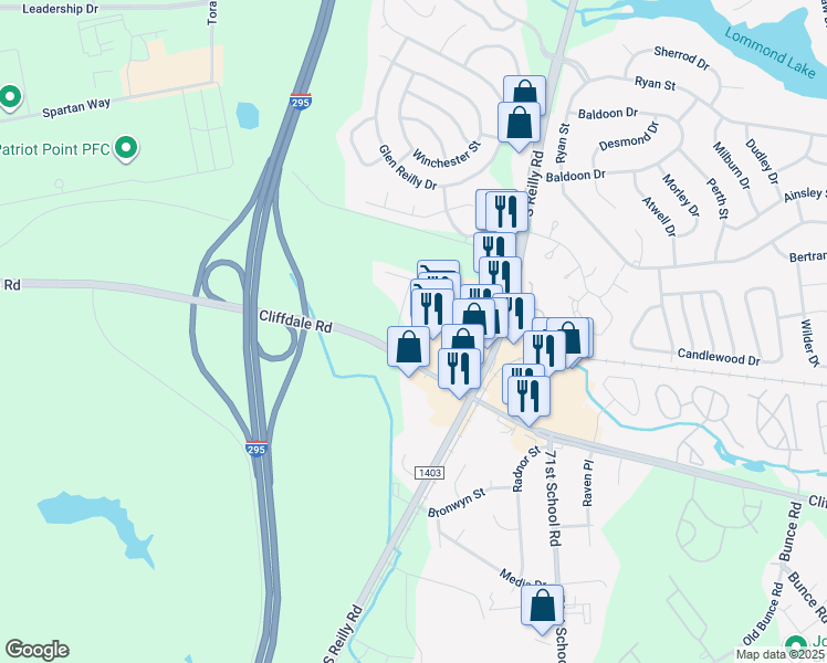 map of restaurants, bars, coffee shops, grocery stores, and more near 635 Marshtree Lane in Fayetteville