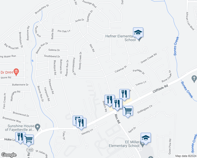 map of restaurants, bars, coffee shops, grocery stores, and more near 7213 Pebblebrook Drive in Fayetteville
