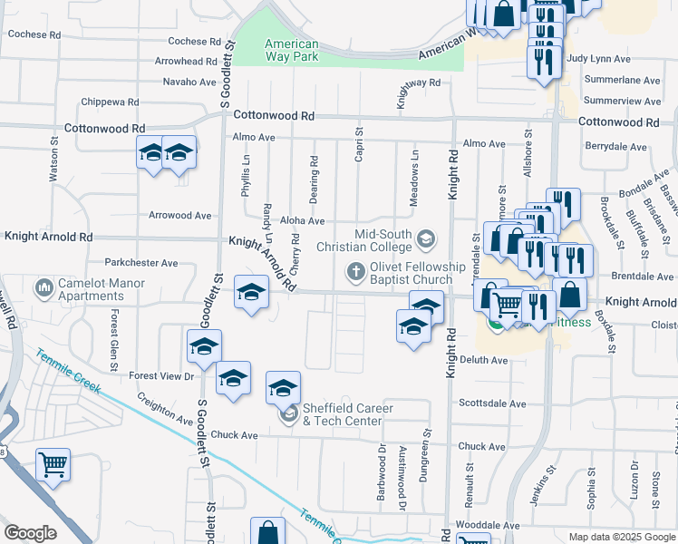 map of restaurants, bars, coffee shops, grocery stores, and more near 3128 Danville Road in Memphis