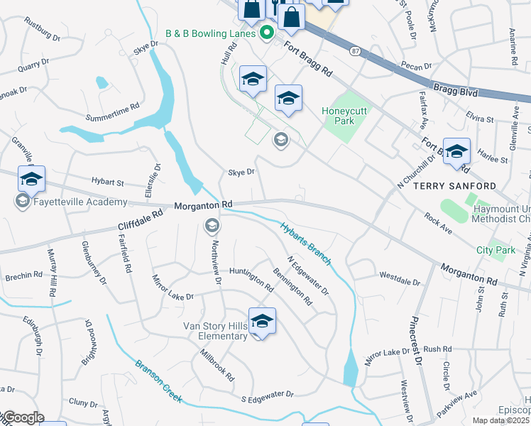 map of restaurants, bars, coffee shops, grocery stores, and more near 2661 Morganton Road in Fayetteville