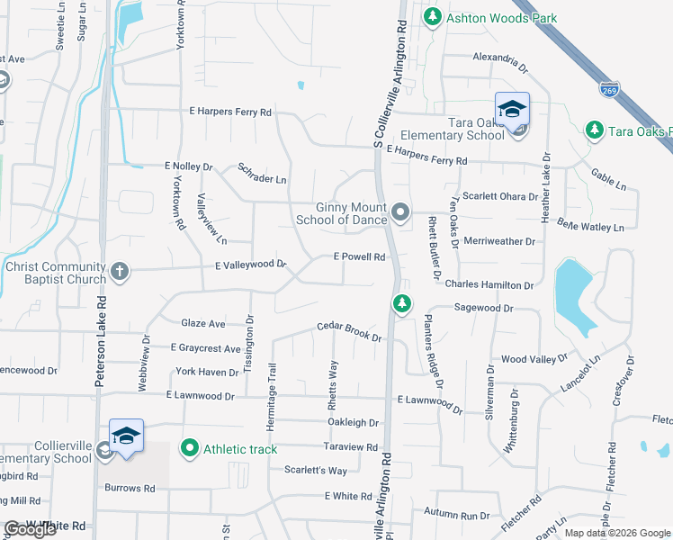map of restaurants, bars, coffee shops, grocery stores, and more near 368 East Powell Road in Collierville