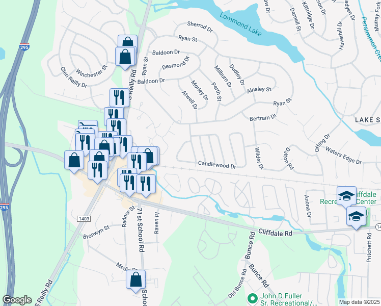 map of restaurants, bars, coffee shops, grocery stores, and more near 536 Hickorywood Drive in Fayetteville