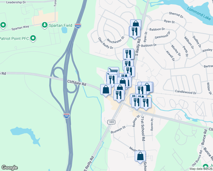 map of restaurants, bars, coffee shops, grocery stores, and more near 635 Marshtree Lane in Fayetteville