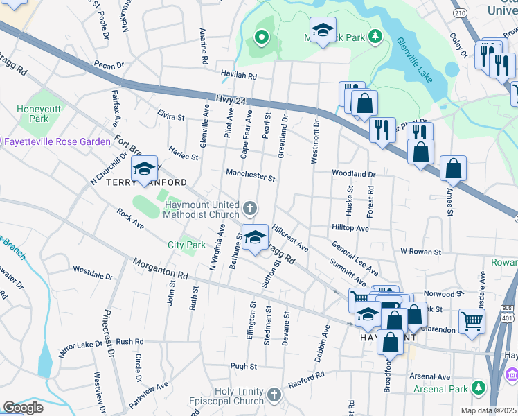 map of restaurants, bars, coffee shops, grocery stores, and more near 404 Pearl Street in Fayetteville