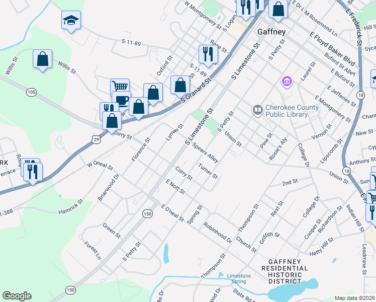 map of restaurants, bars, coffee shops, grocery stores, and more near 611 South Limestone Street in Gaffney
