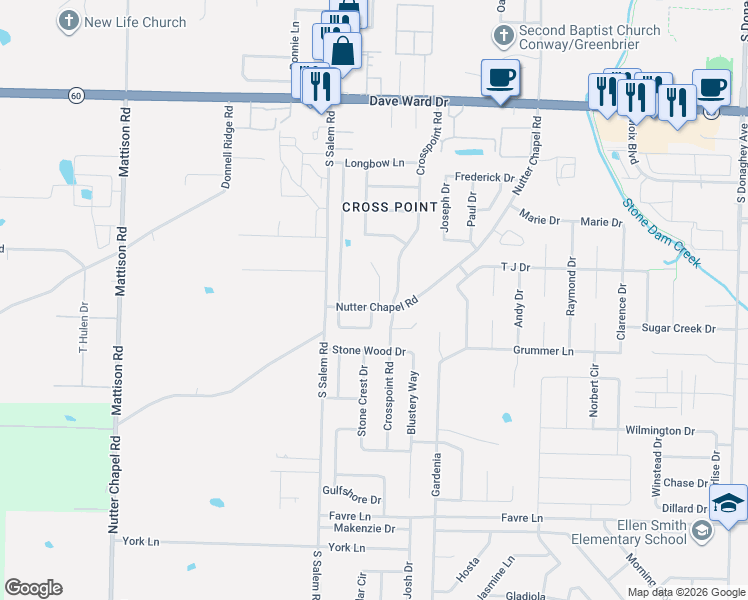 map of restaurants, bars, coffee shops, grocery stores, and more near 2800 Nutter Chapel Road in Conway
