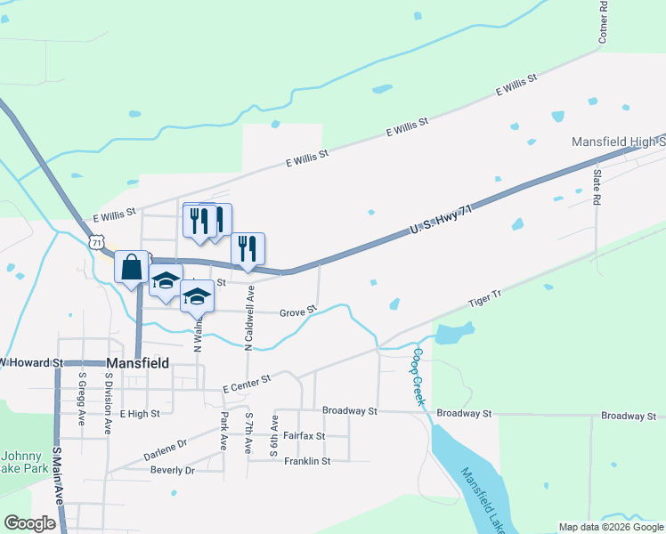 map of restaurants, bars, coffee shops, grocery stores, and more near 1003 U.S. 71 in Mansfield