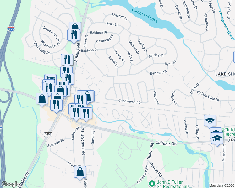 map of restaurants, bars, coffee shops, grocery stores, and more near 520 Hickorywood Drive in Fayetteville