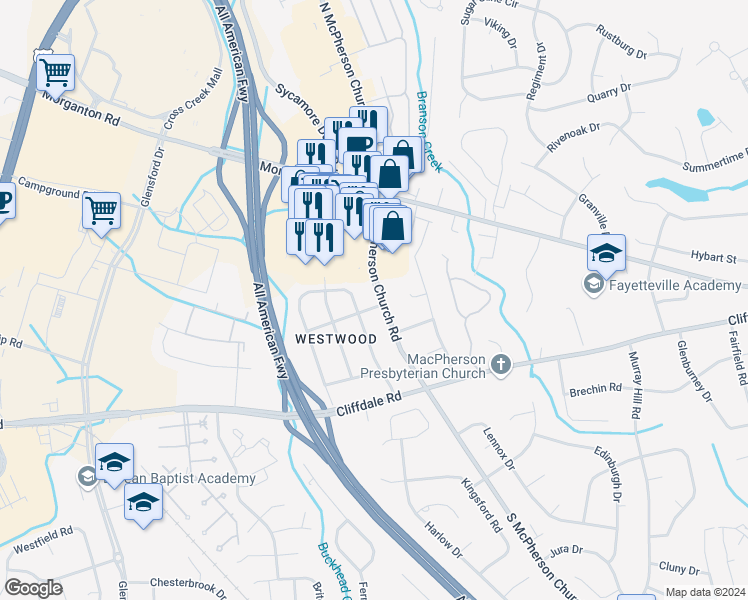 map of restaurants, bars, coffee shops, grocery stores, and more near 220 South McPherson Church Road in Fayetteville