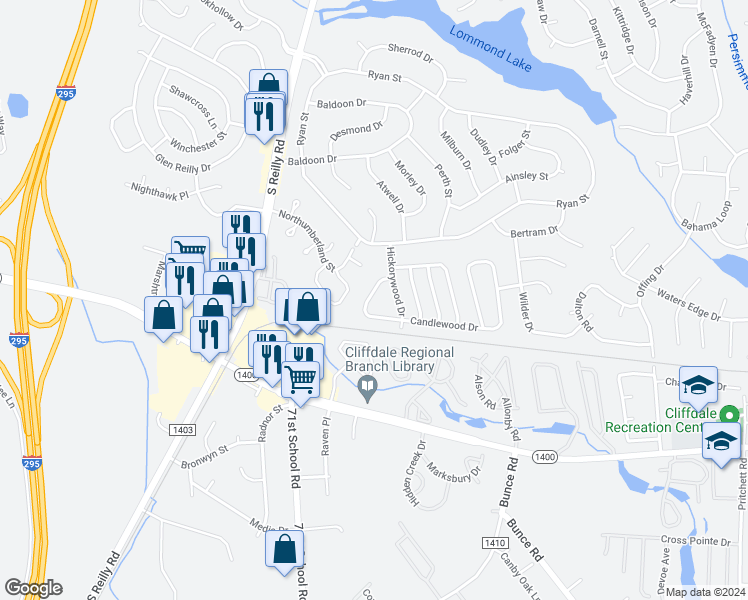 map of restaurants, bars, coffee shops, grocery stores, and more near 7056 Candlewood Drive in Fayetteville