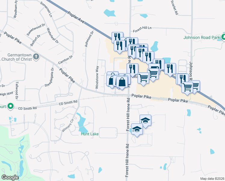 map of restaurants, bars, coffee shops, grocery stores, and more near 9030 Poplar Pike in Germantown