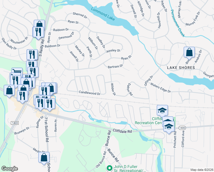 map of restaurants, bars, coffee shops, grocery stores, and more near 6867 Candlewood Drive in Fayetteville