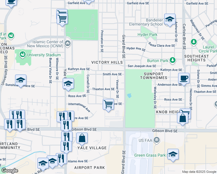 map of restaurants, bars, coffee shops, grocery stores, and more near 1631 Princeton Drive Southeast in Albuquerque