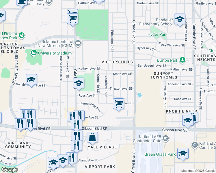 map of restaurants, bars, coffee shops, grocery stores, and more near 1624 Stanford Drive Southeast in Albuquerque