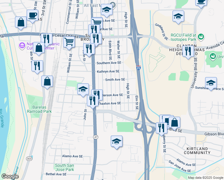 map of restaurants, bars, coffee shops, grocery stores, and more near 1910 Edith Boulevard Southeast in Albuquerque