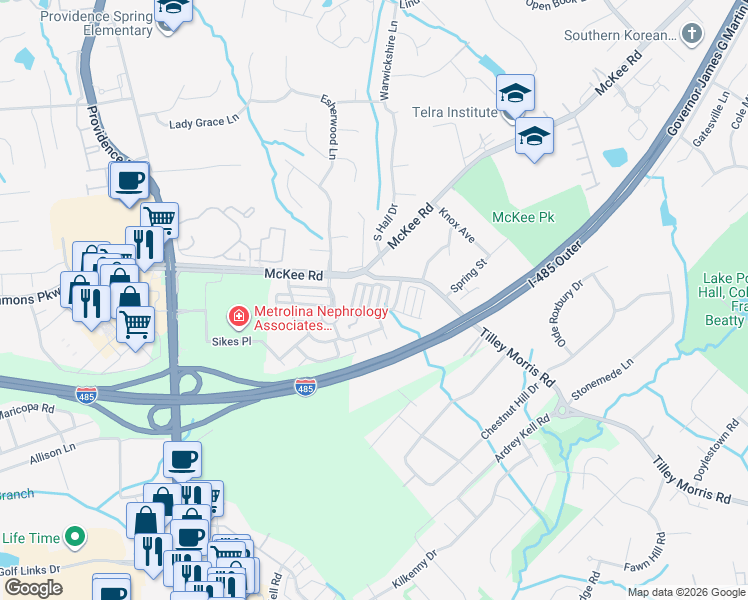 map of restaurants, bars, coffee shops, grocery stores, and more near 10703 Yellow Tail Court in Charlotte