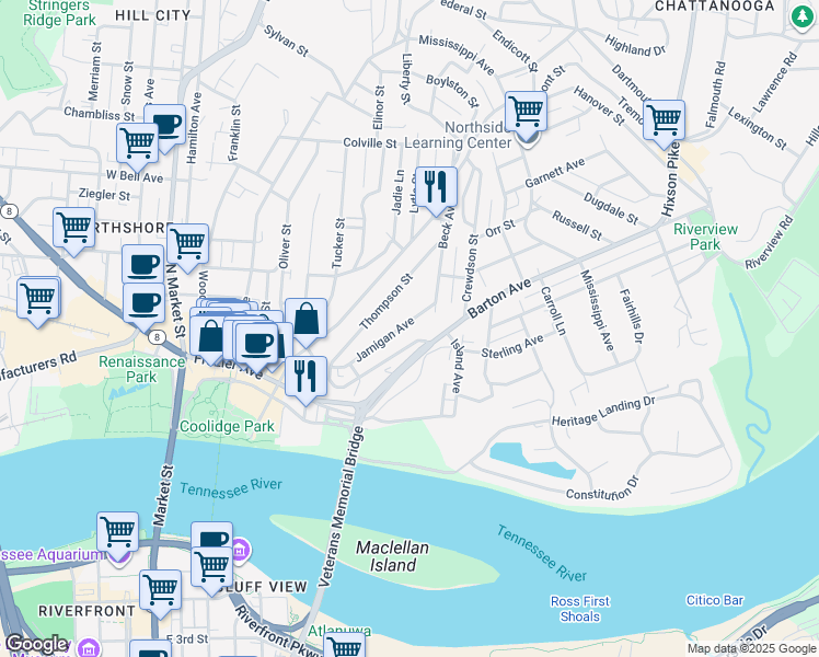 map of restaurants, bars, coffee shops, grocery stores, and more near 242 Jarnigan Avenue in Chattanooga