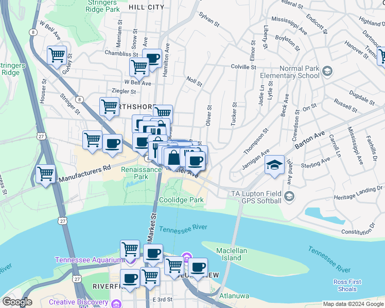 map of restaurants, bars, coffee shops, grocery stores, and more near 203 Forest Avenue in Chattanooga