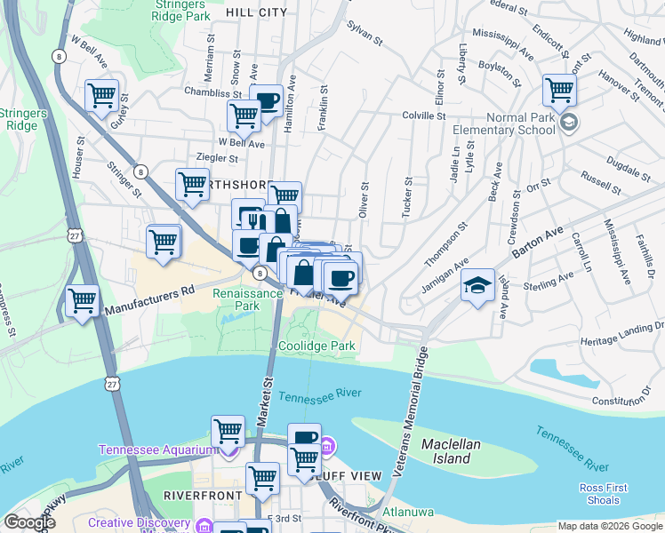 map of restaurants, bars, coffee shops, grocery stores, and more near 203 Forest Avenue in Chattanooga