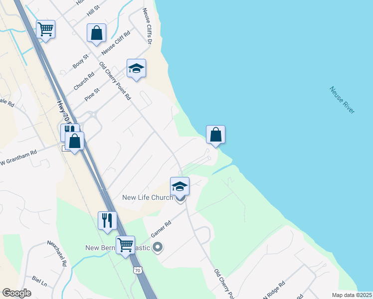map of restaurants, bars, coffee shops, grocery stores, and more near 2800A Old Cherry Point Road in New Bern