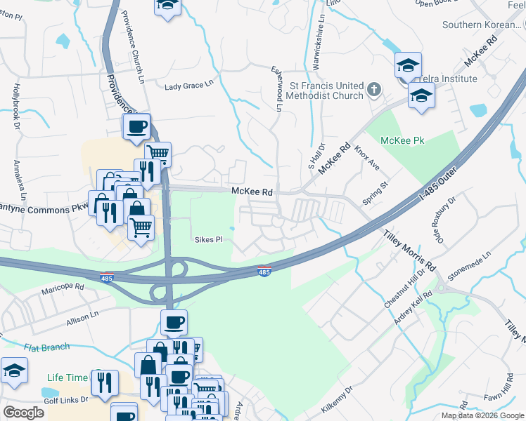 map of restaurants, bars, coffee shops, grocery stores, and more near 4739 Page Mill Lane in Charlotte