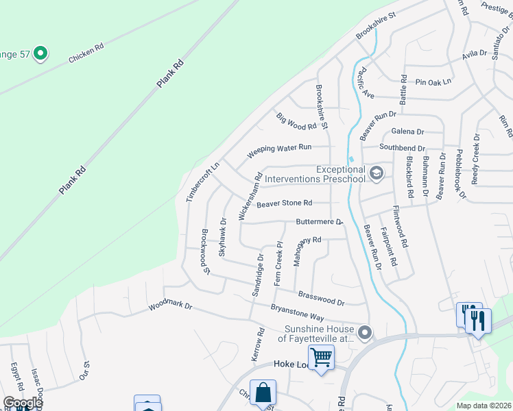map of restaurants, bars, coffee shops, grocery stores, and more near 6862 Beaver Stone Road in Fayetteville