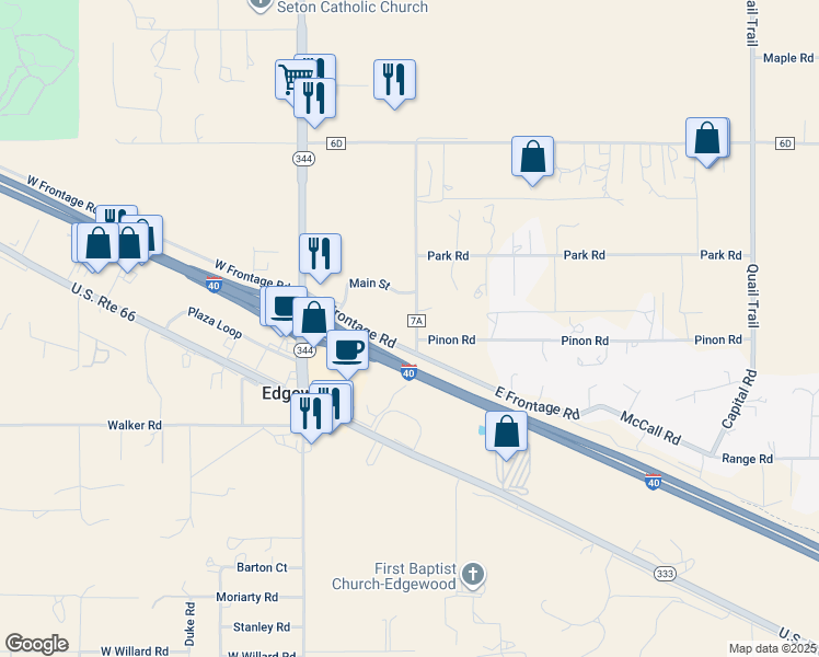 map of restaurants, bars, coffee shops, grocery stores, and more near 27 East Frontage Road in Edgewood