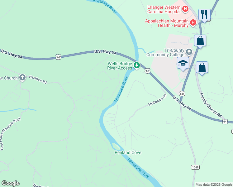 map of restaurants, bars, coffee shops, grocery stores, and more near 126 Remington Lane in Murphy