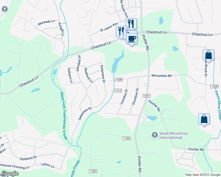 map of restaurants, bars, coffee shops, grocery stores, and more near 3430 Delamere Drive in Matthews