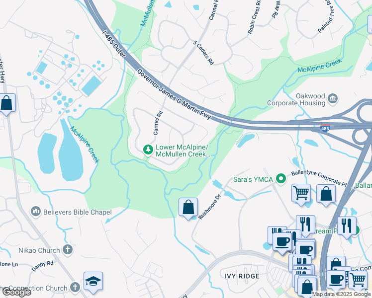 map of restaurants, bars, coffee shops, grocery stores, and more near 618 Vista Grande Circle in Charlotte