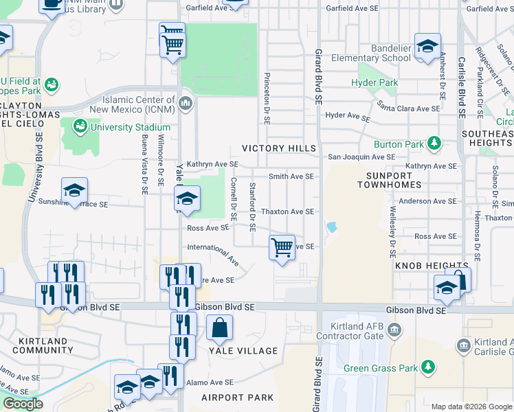map of restaurants, bars, coffee shops, grocery stores, and more near 1624 Stanford Drive Southeast in Albuquerque