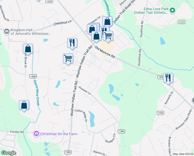 map of restaurants, bars, coffee shops, grocery stores, and more near 2035 Glenn Valley Lane in Indian Trail