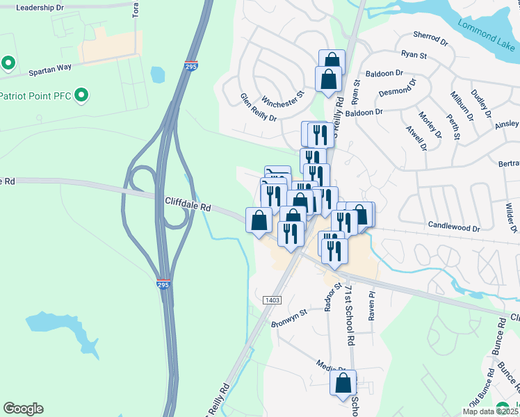 map of restaurants, bars, coffee shops, grocery stores, and more near 635 Marshtree Lane in Fayetteville