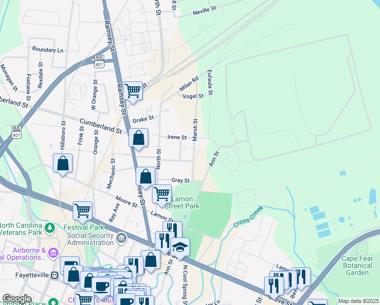 map of restaurants, bars, coffee shops, grocery stores, and more near 245 Tillinghast Street in Fayetteville