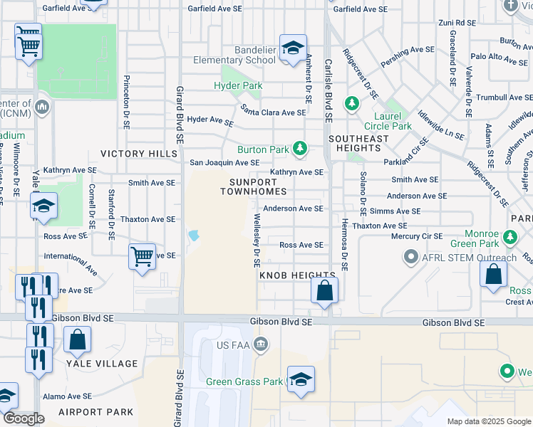 map of restaurants, bars, coffee shops, grocery stores, and more near 3408 Anderson Avenue Southeast in Albuquerque