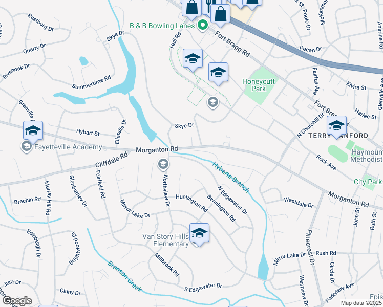 map of restaurants, bars, coffee shops, grocery stores, and more near 2661 Morganton Road in Fayetteville