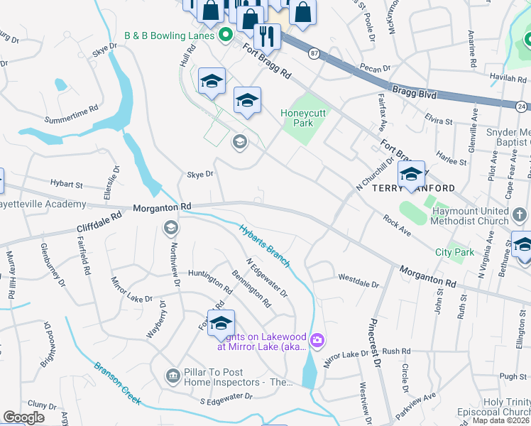 map of restaurants, bars, coffee shops, grocery stores, and more near 2400-2676 State Road 1404 in Fayetteville