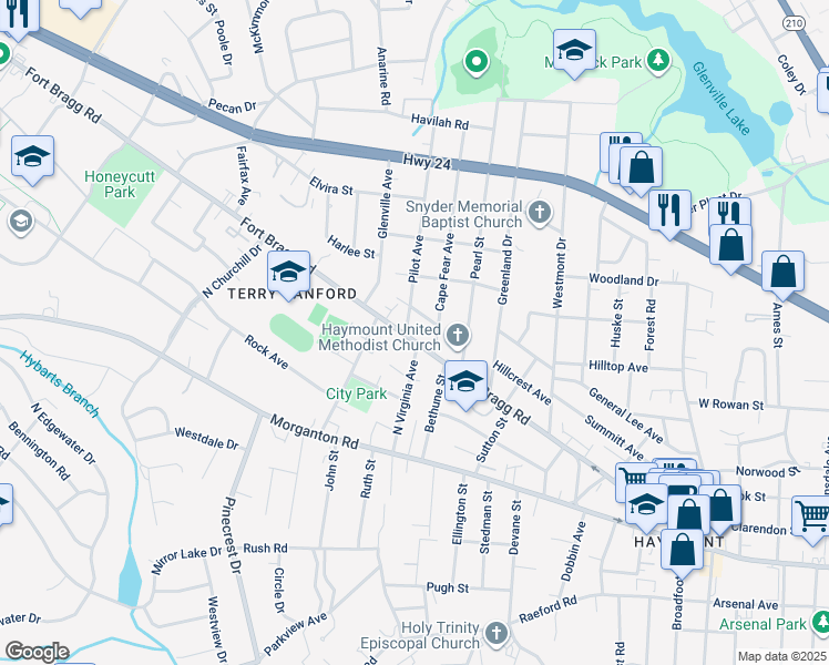 map of restaurants, bars, coffee shops, grocery stores, and more near 1813 Finnegan Street in Fayetteville