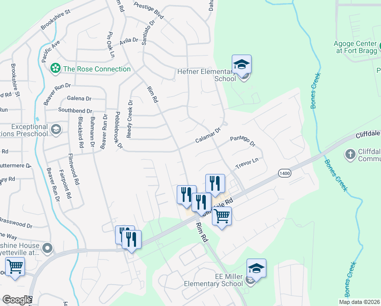 map of restaurants, bars, coffee shops, grocery stores, and more near 7129 Calamar Drive in Fayetteville