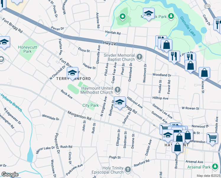 map of restaurants, bars, coffee shops, grocery stores, and more near 307 Cape Fear Avenue in Fayetteville
