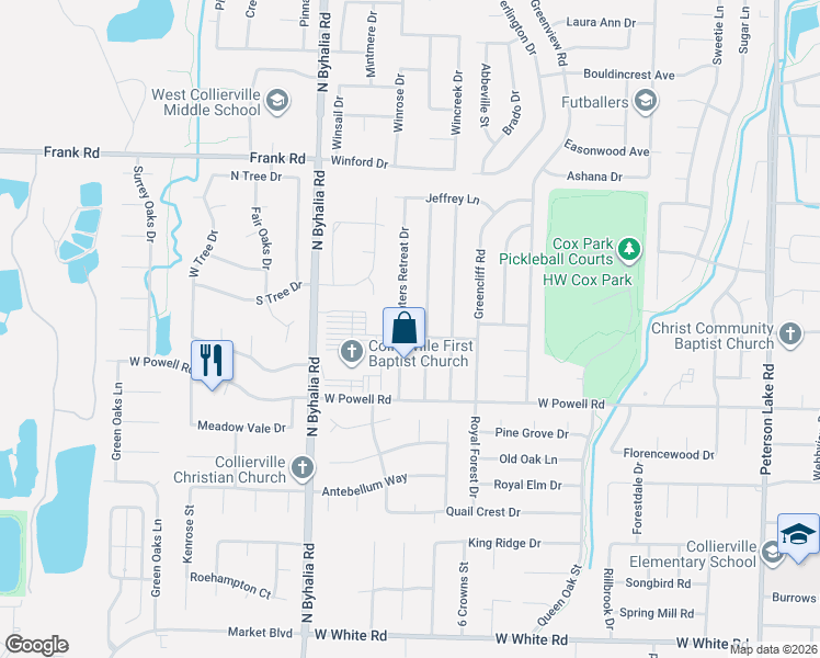 map of restaurants, bars, coffee shops, grocery stores, and more near 896 Hunters Retreat Drive in Collierville