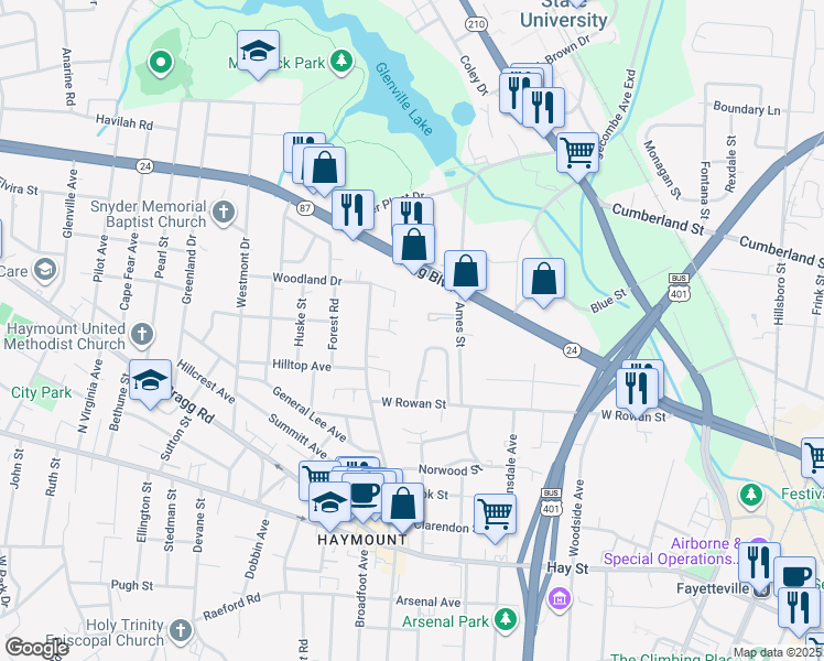 map of restaurants, bars, coffee shops, grocery stores, and more near 522 Lambert Street in Fayetteville
