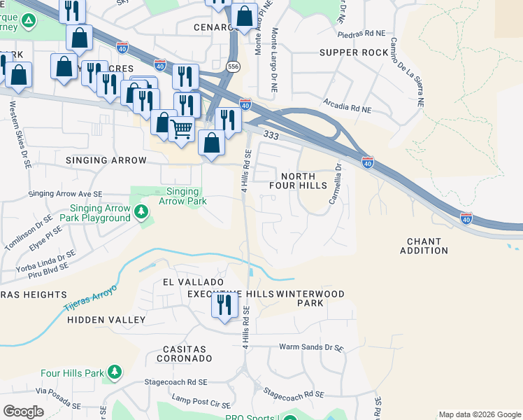 map of restaurants, bars, coffee shops, grocery stores, and more near 305 Pinon Creek Trail in Albuquerque